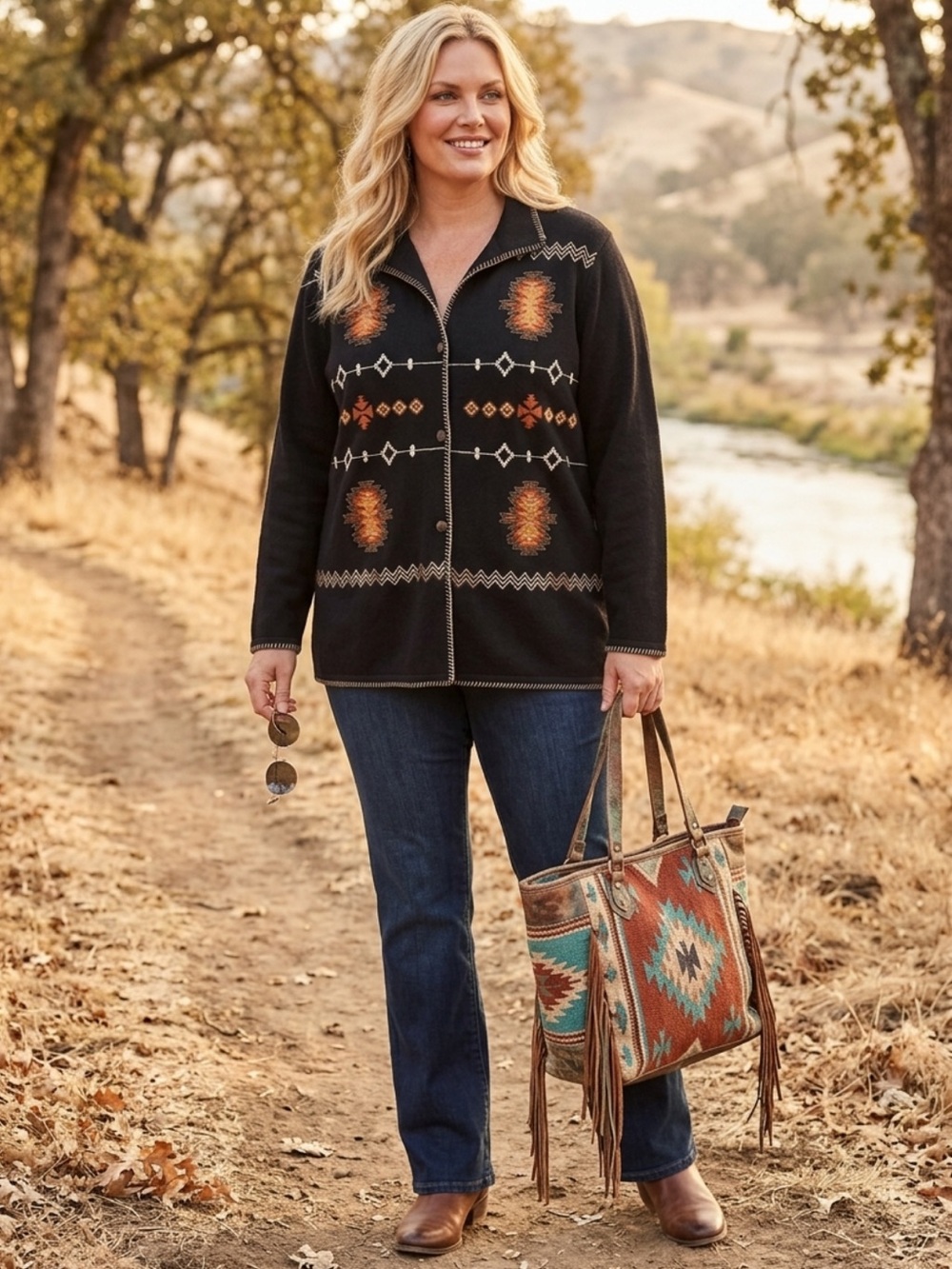 Outback Trading Company Santa Fe Black Southwestern Aztec Cardigan SweaterJacket